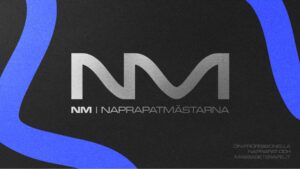 Logotype i svart och grått med blåa fält