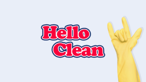 Logotype med röd text Hello Clean och gul städhandske